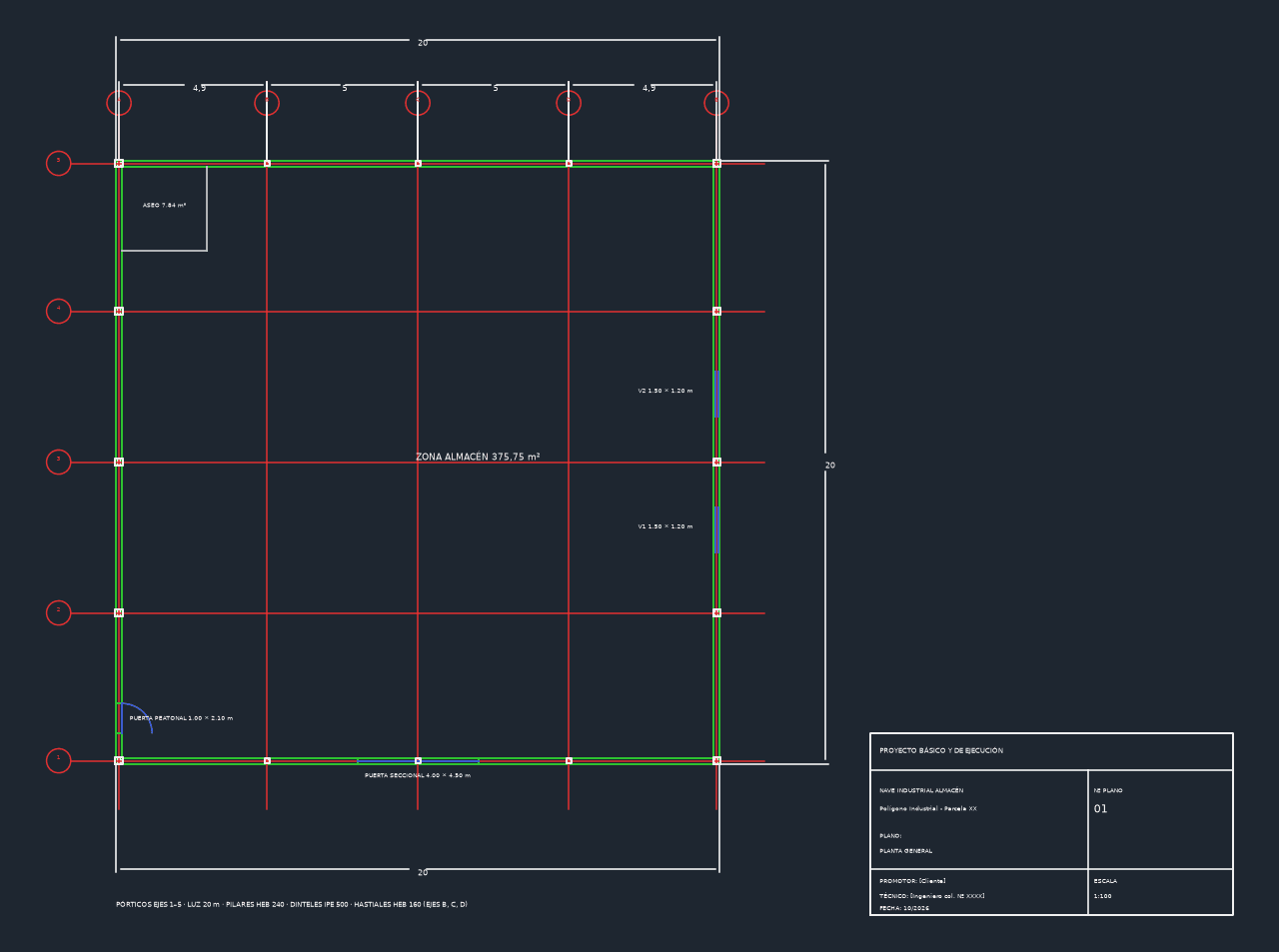 Plano de planta de la nave de 400 m² con ejes, pilares y carpinterías